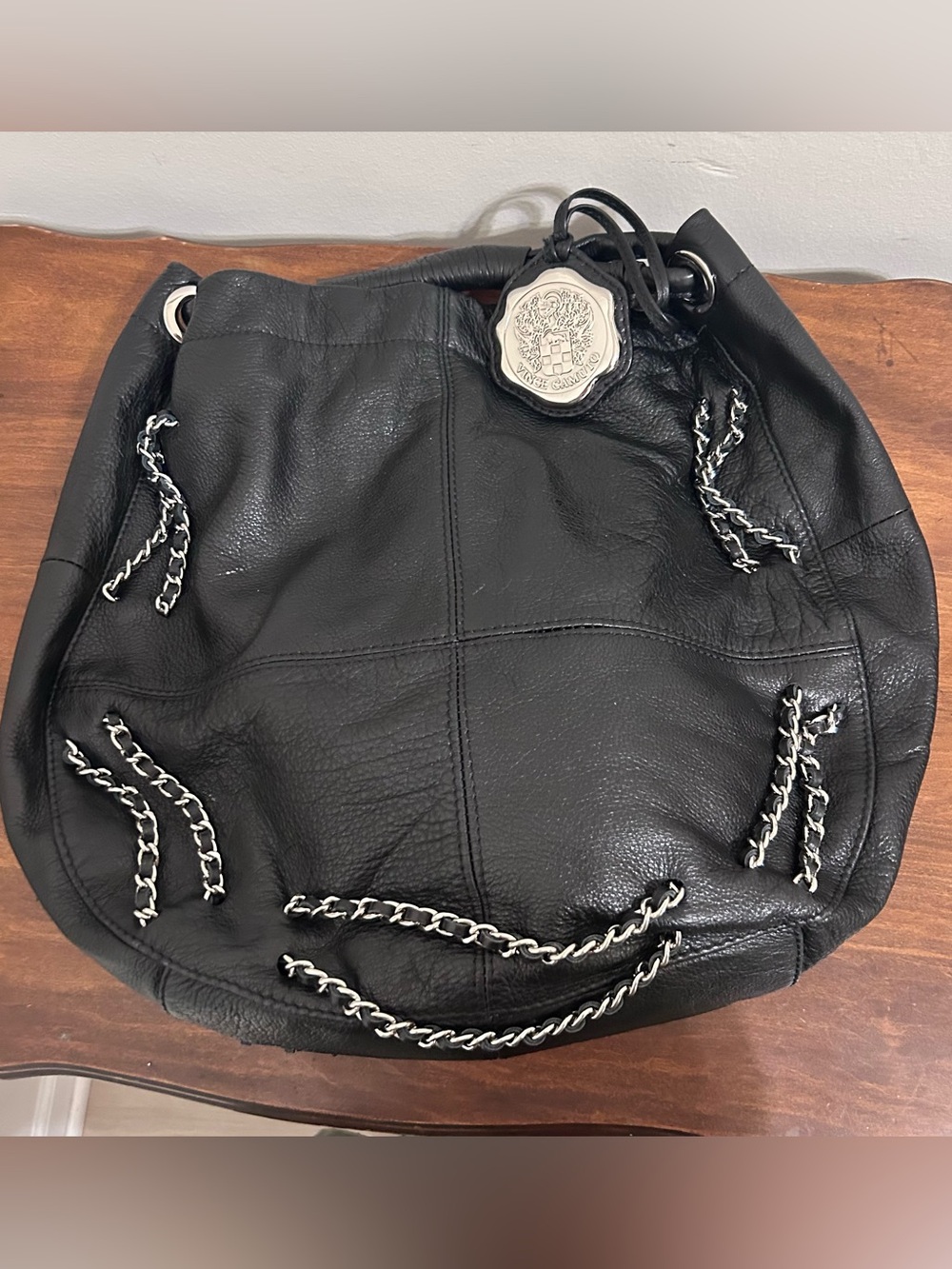 Vince Camuto Black Leather Shoulder Bag with Silver Chain Grunge Punk Hobo purse
